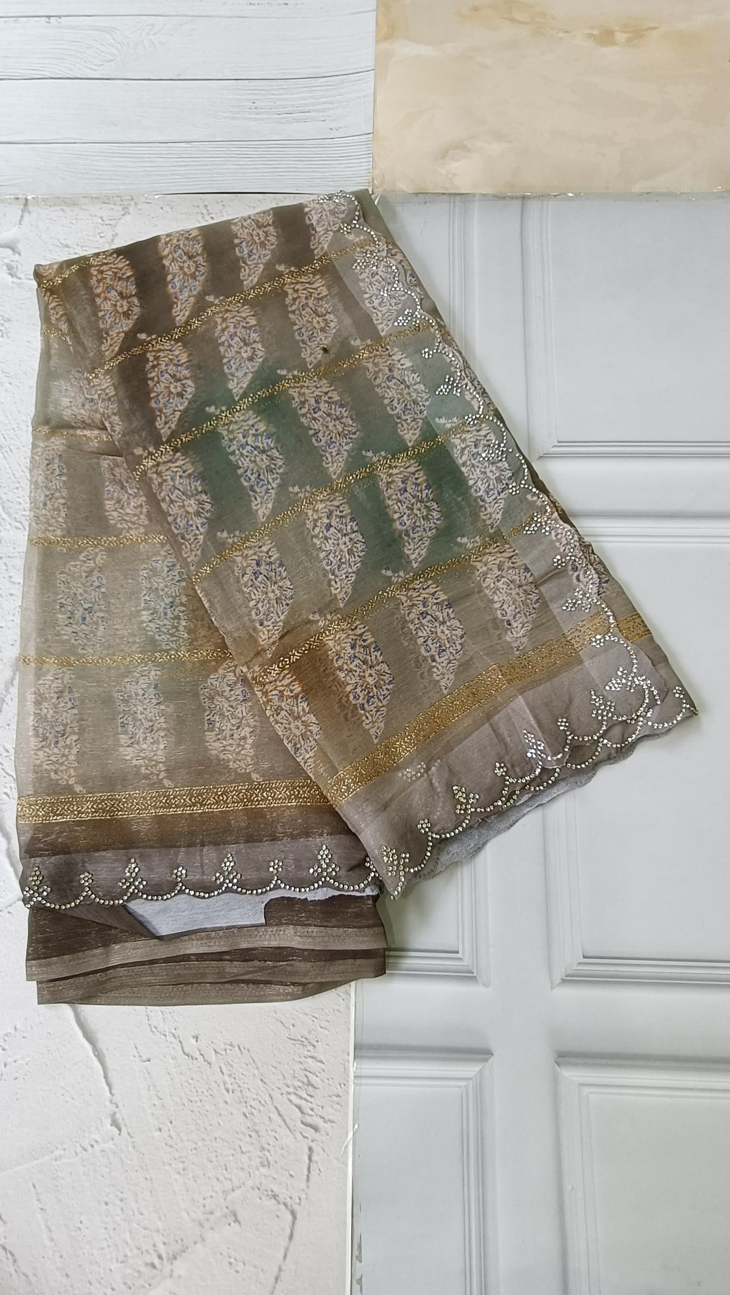 light grey green designer saree