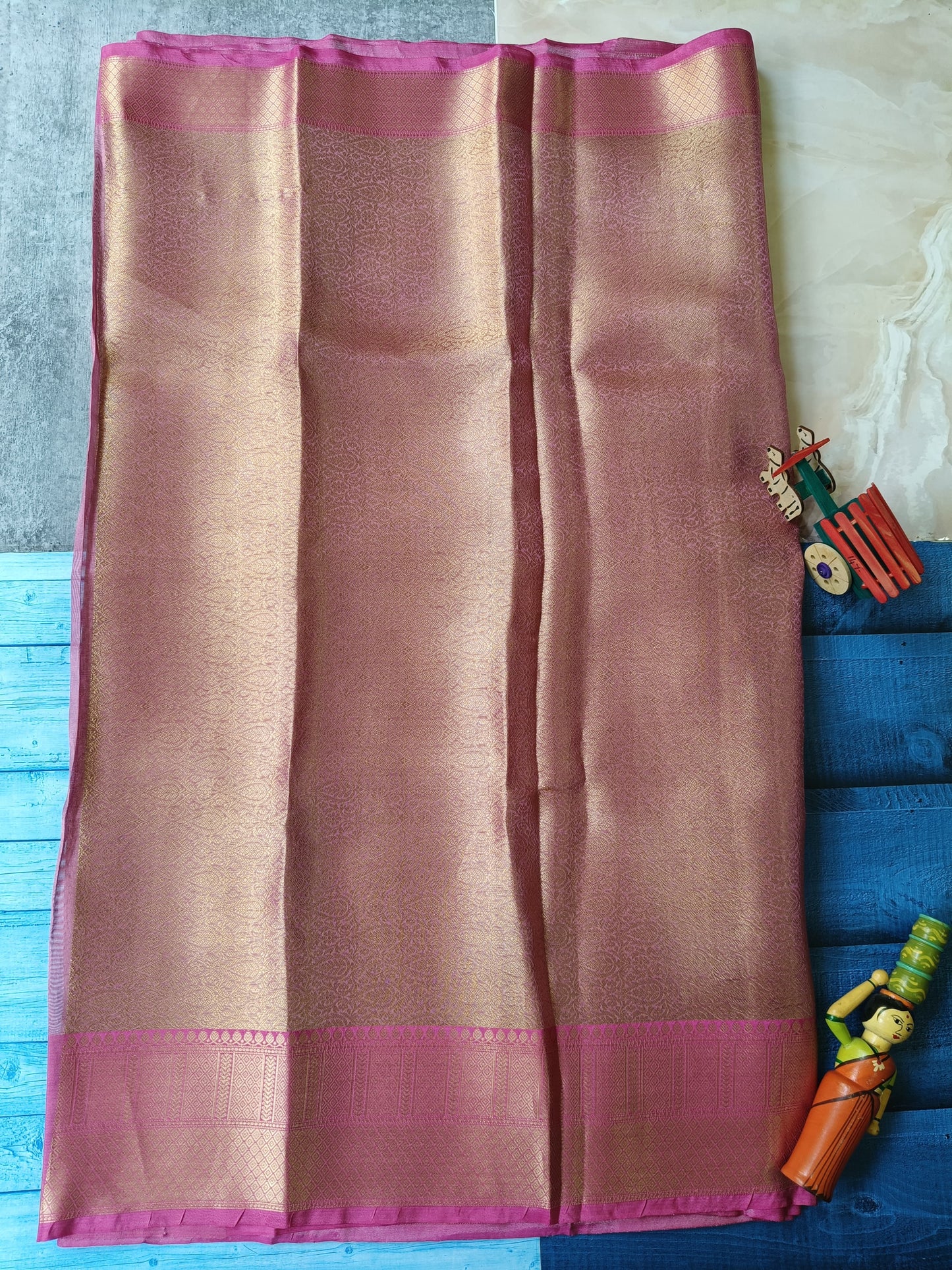 Banarasi Kanchipuram Tissue Silk Saree – All Over Gold Zari Jacquard with Contrast Border