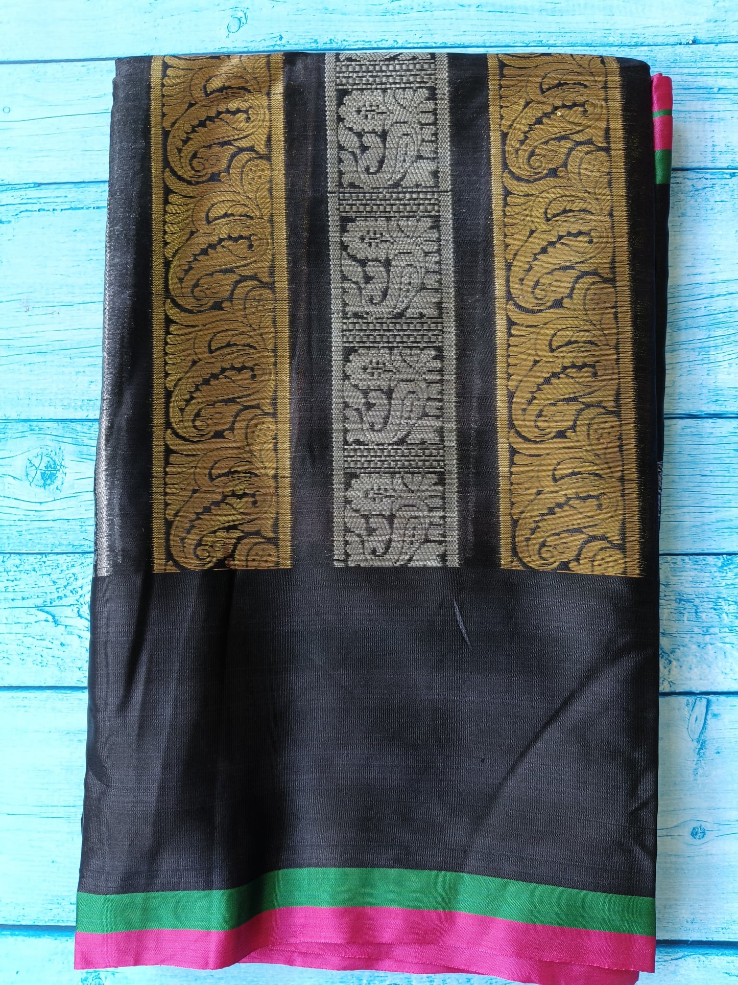Banarasi Kanchipuram Semi Silk Saree – Black with Gold Zari | Alfi Design Jacquard Pallu & Blouse Piece | Inspired by Nita Ambani Style