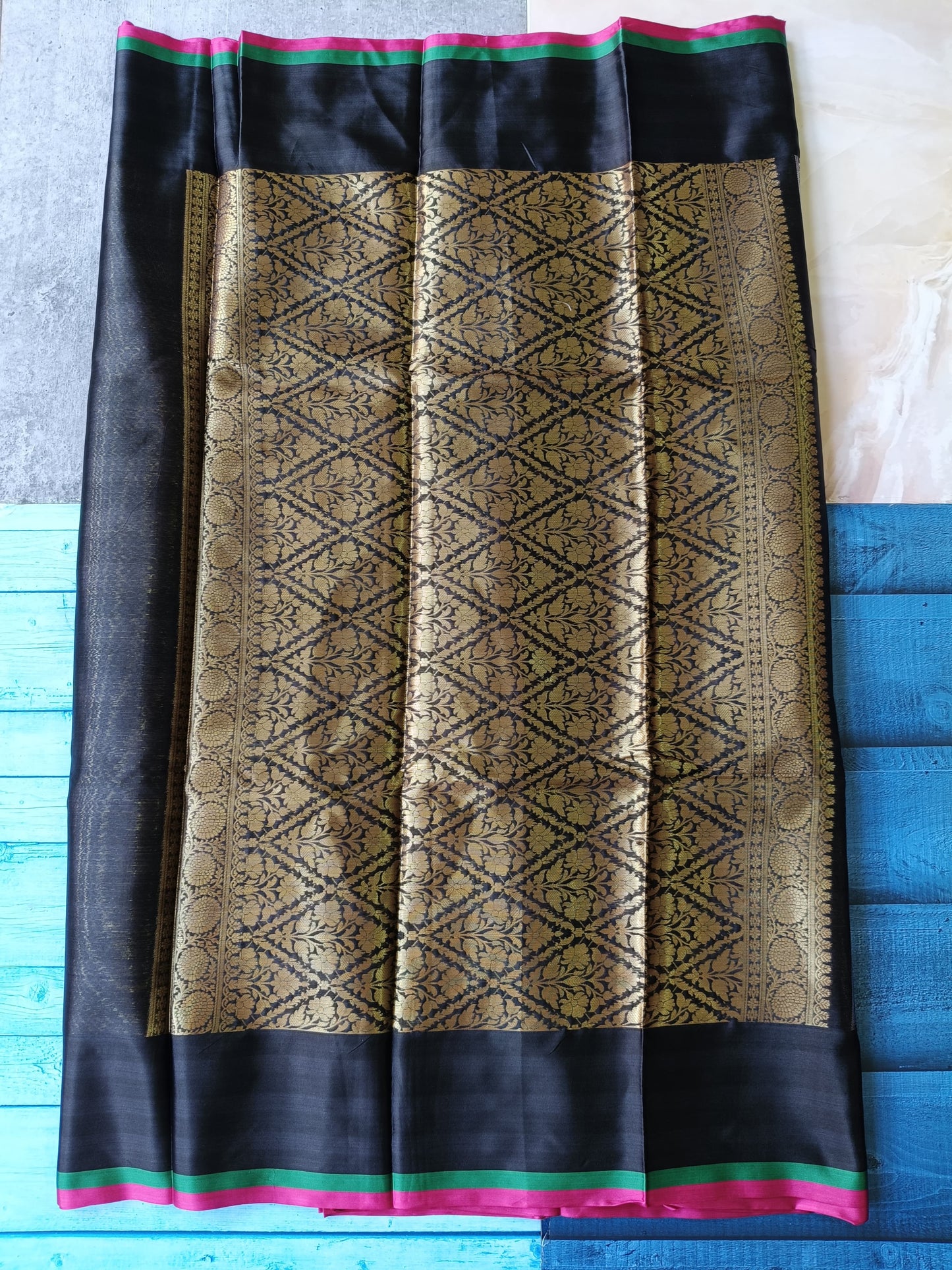 Banarasi Kanchipuram Semi Silk Saree – Black with Gold Zari | Alfi Design Jacquard Pallu & Blouse Piece | Inspired by Nita Ambani Style