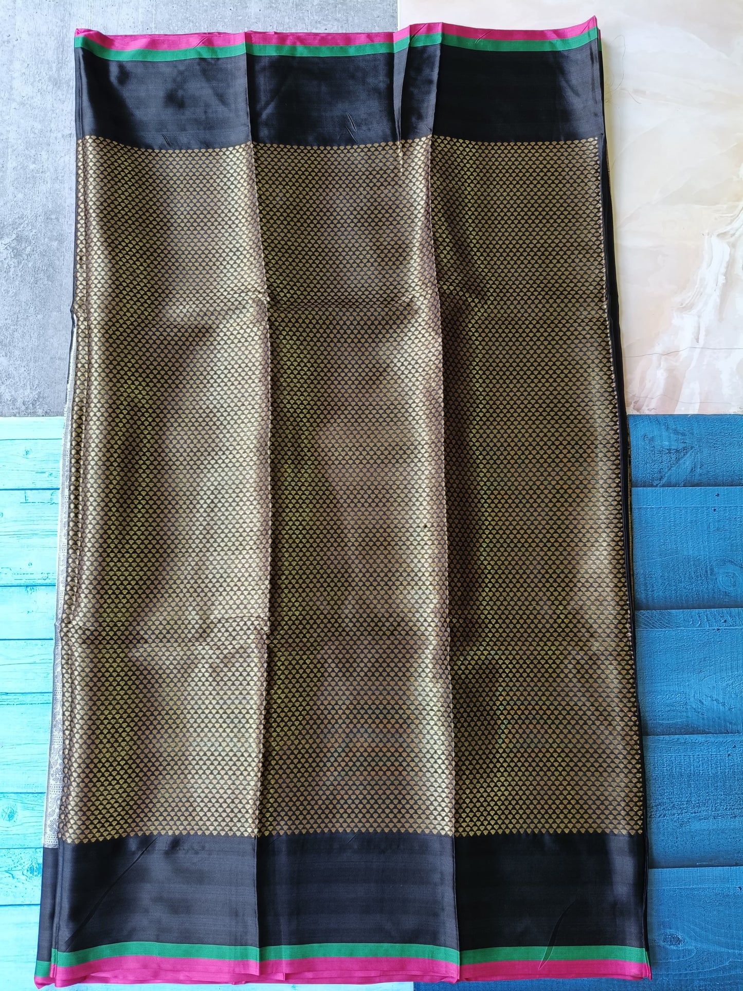 Banarasi Kanchipuram Semi Silk Saree – Black with Gold Zari | Alfi Design Jacquard Pallu & Blouse Piece | Inspired by Nita Ambani Style