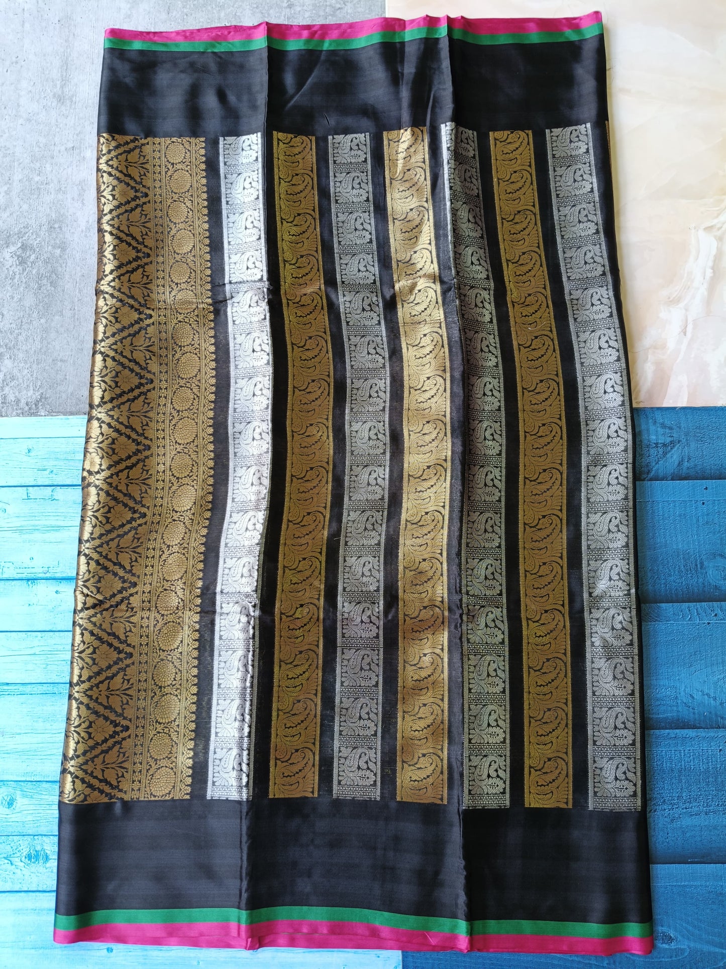 Banarasi Kanchipuram Semi Silk Saree – Black with Gold Zari | Alfi Design Jacquard Pallu & Blouse Piece | Inspired by Nita Ambani Style