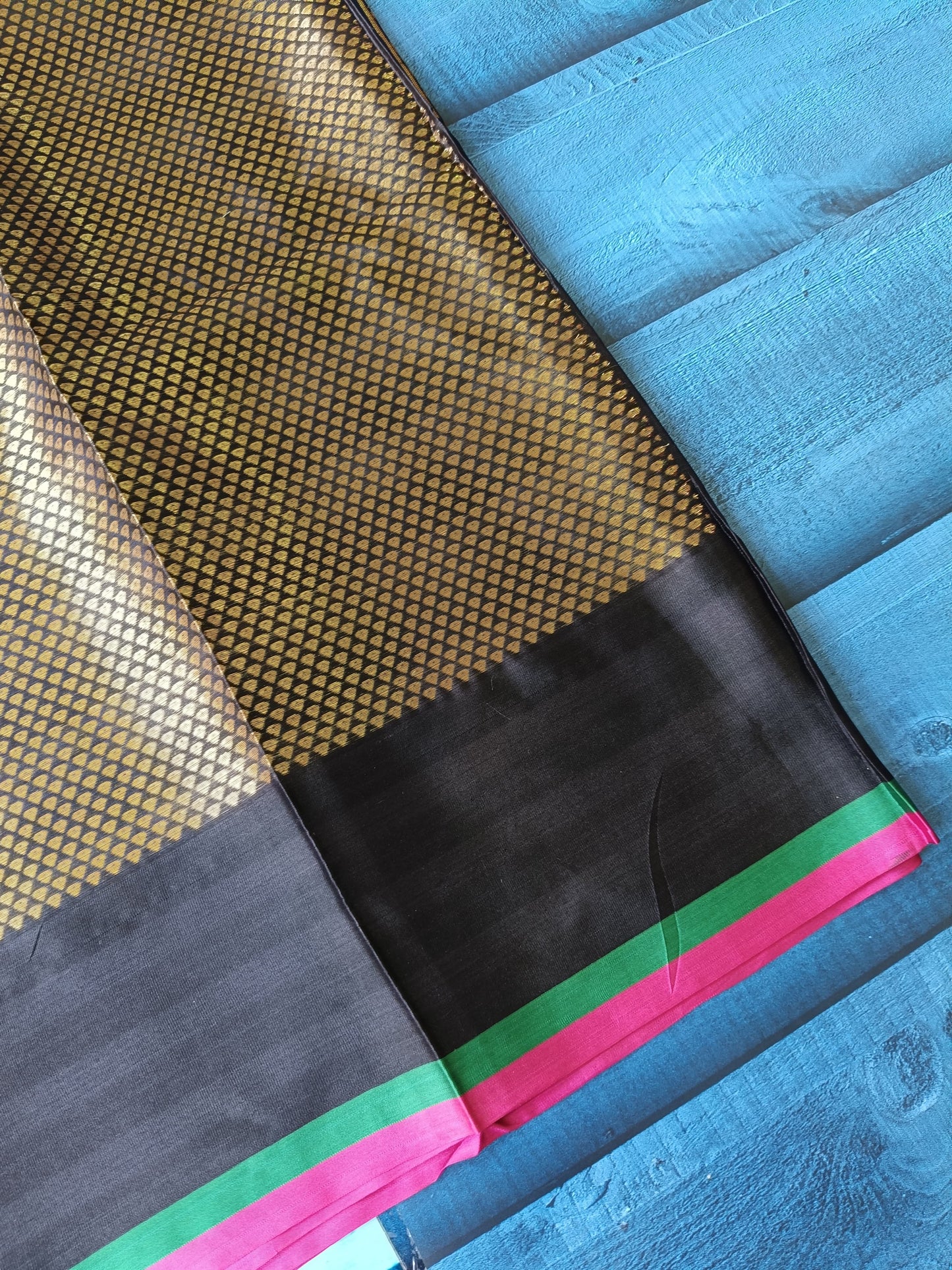 Banarasi Kanchipuram Semi Silk Saree – Black with Gold Zari | Alfi Design Jacquard Pallu & Blouse Piece | Inspired by Nita Ambani Style