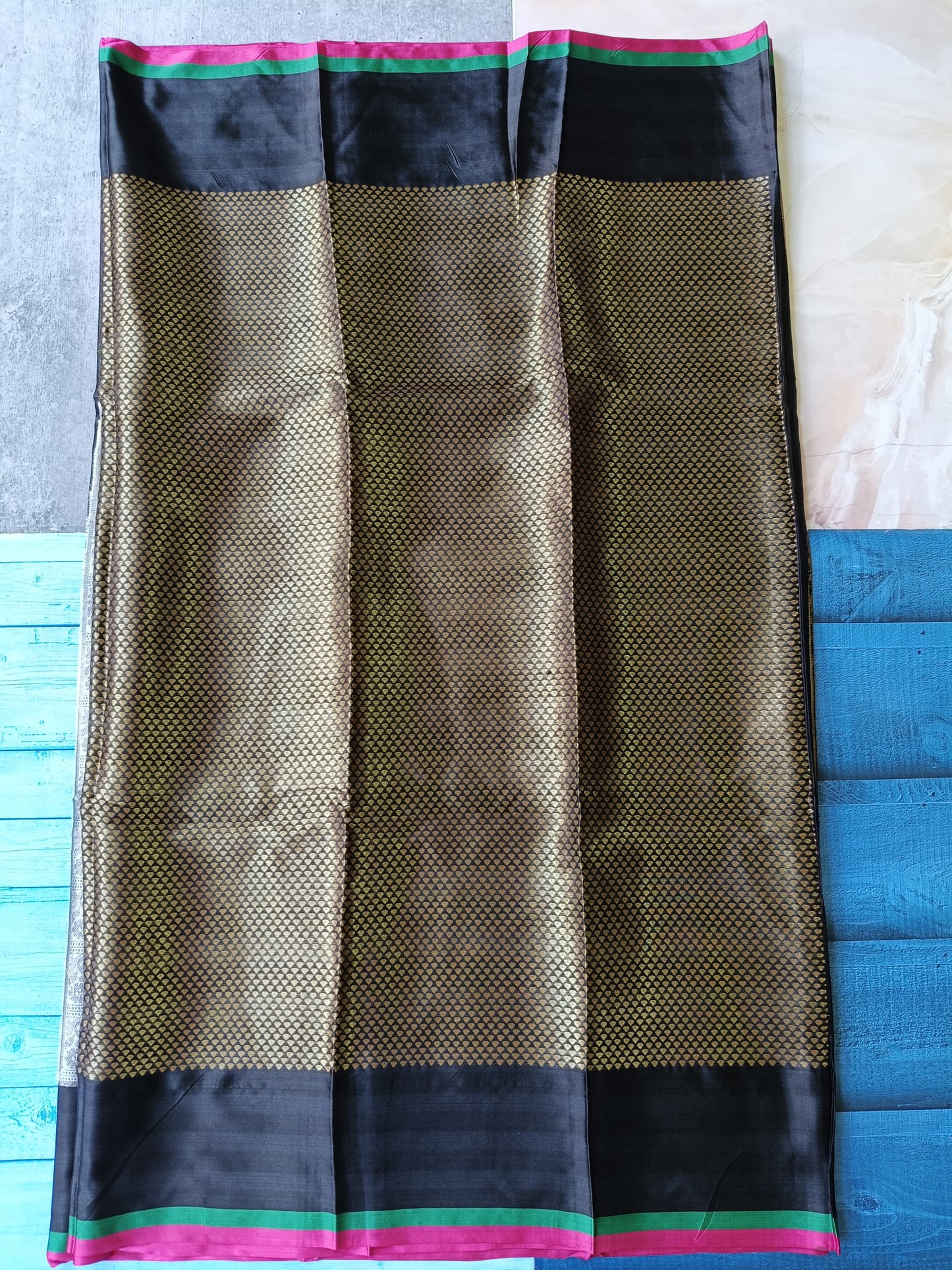 Banarasi Kanchipuram Semi Silk Saree – Black with Gold Zari | Alfi Design Jacquard Pallu & Blouse Piece | Inspired by Nita Ambani Style