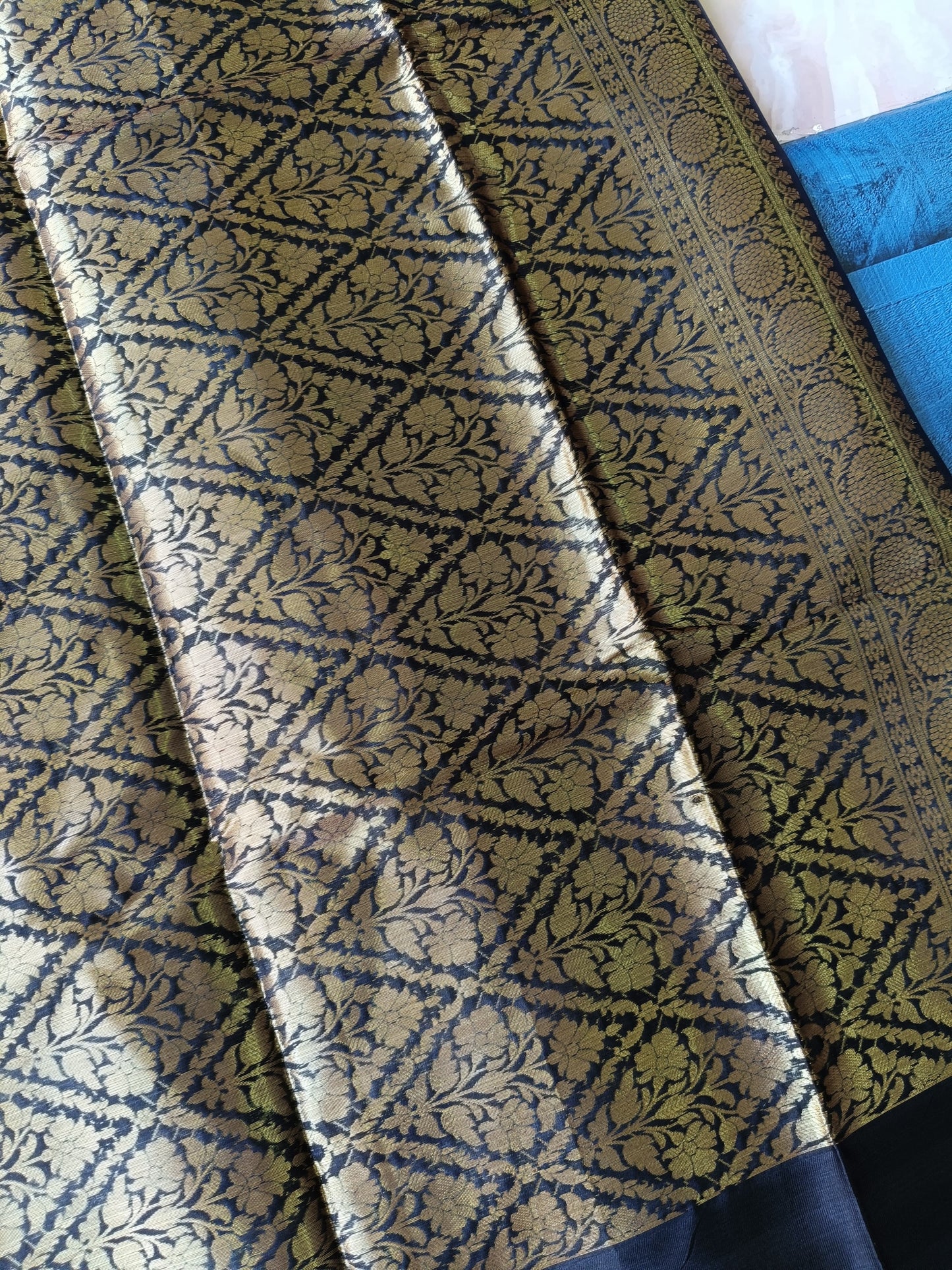 Banarasi Kanchipuram Semi Silk Saree – Black with Gold Zari | Alfi Design Jacquard Pallu & Blouse Piece | Inspired by Nita Ambani Style