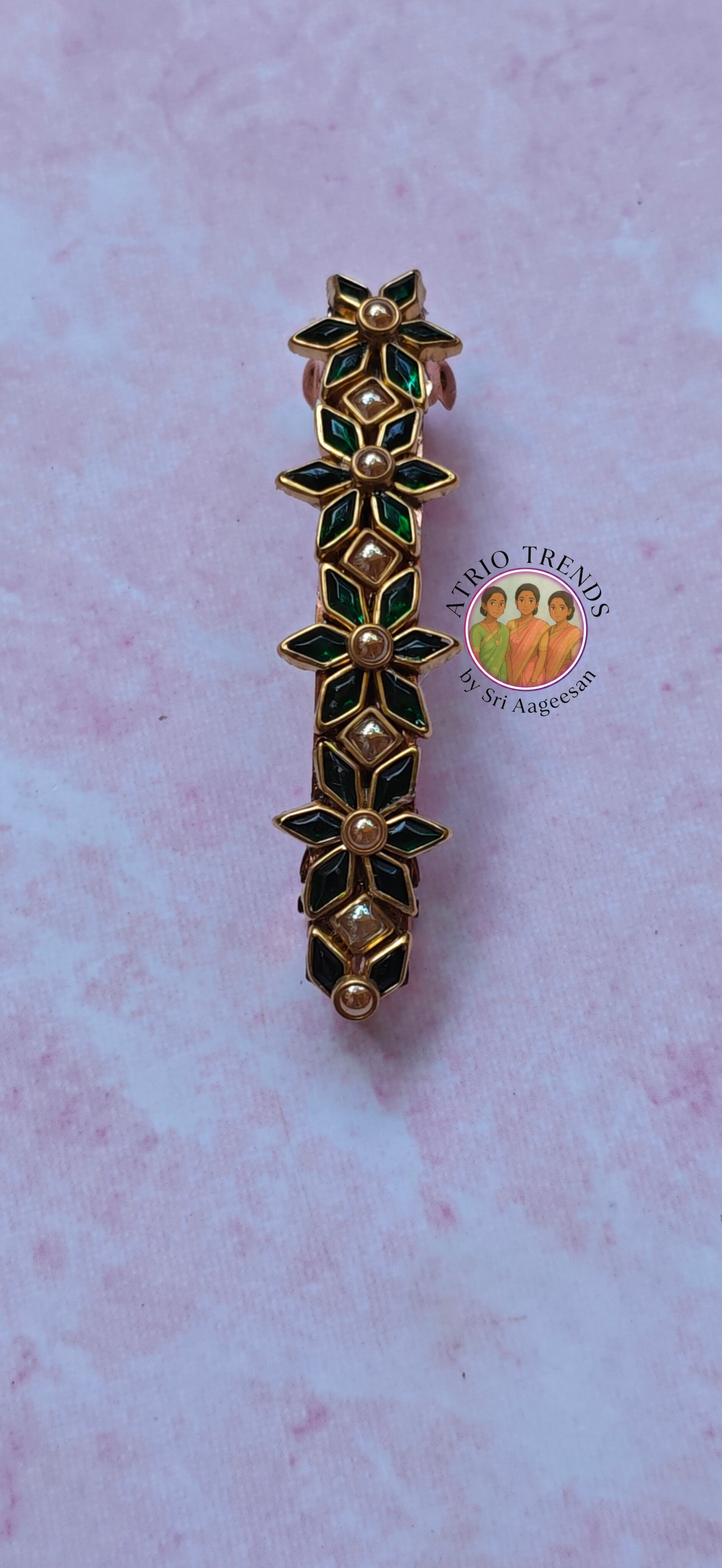 Kundan hair clip green and gold