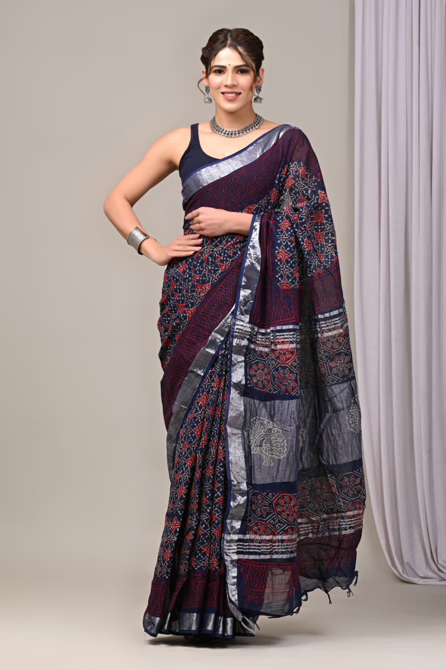 bagru cotton linen saree