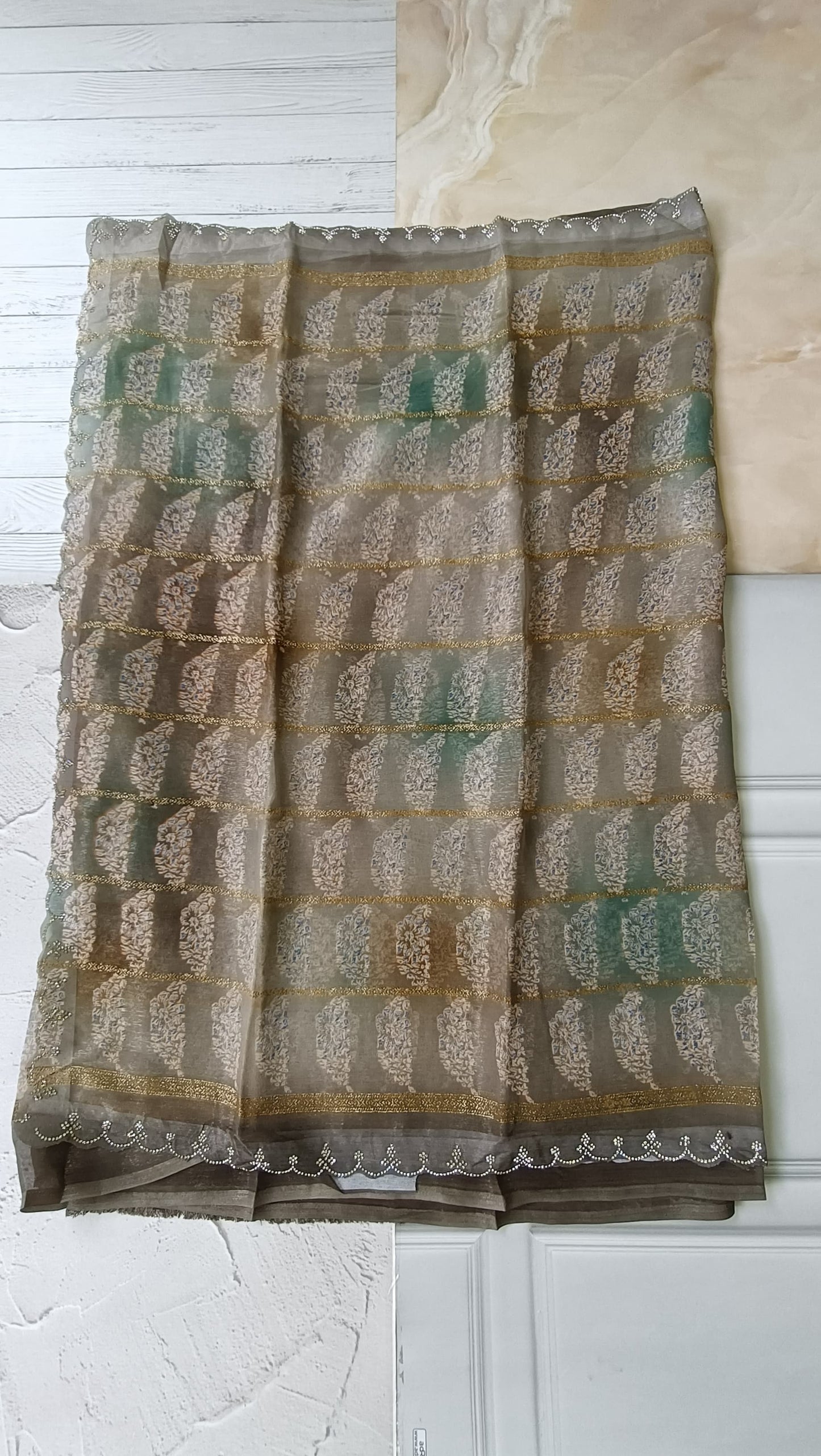 light grey green designer saree