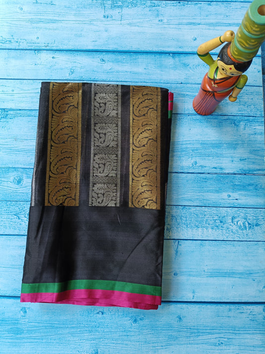 Banarasi Kanchipuram Semi Silk Saree – Black with Gold Zari | Alfi Design Jacquard Pallu & Blouse Piece | Inspired by Nita Ambani Style