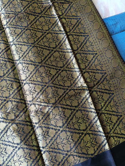 Banarasi Kanchipuram Semi Silk Saree – Black with Gold Zari | Alfi Design Jacquard Pallu & Blouse Piece | Inspired by Nita Ambani Style