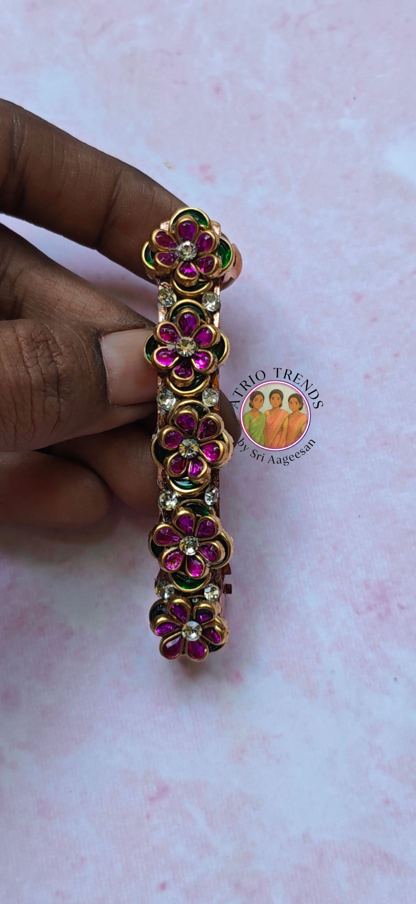 Kundan Hair Clip Rani Pink and Green