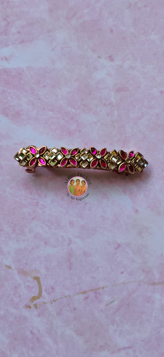 Kundan hair clip pink and white