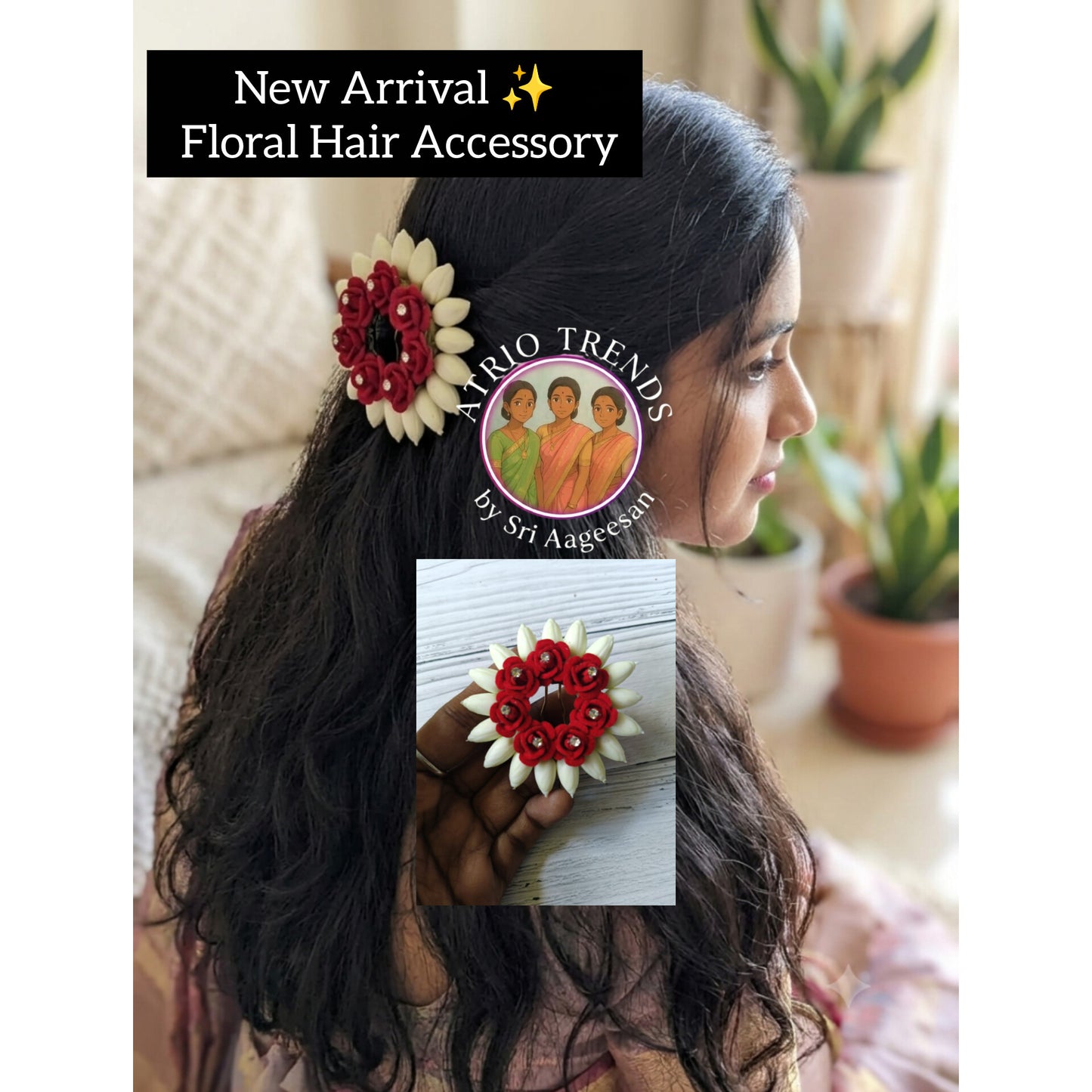 Jasmine with red rose hair  brooch