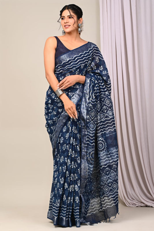 bagru cotton linen  saree 