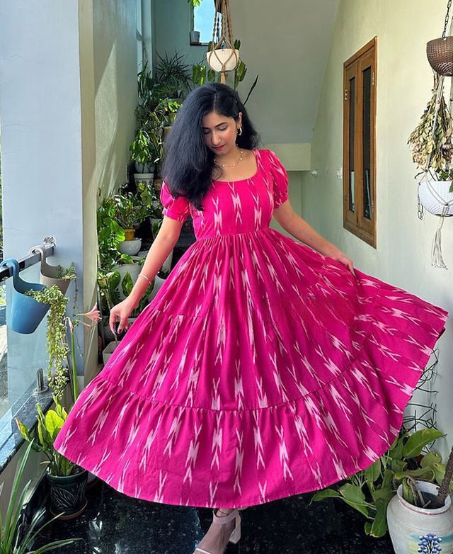 Womens Mixed Cotton Ikkat Frock