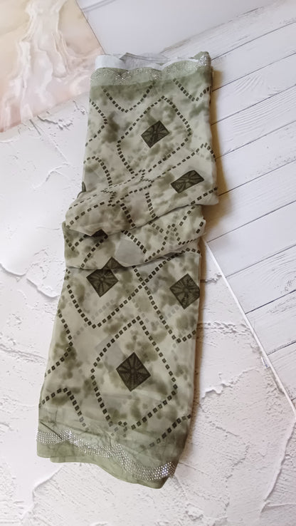 Elegant Women's Chiffon Saree with Swarovski Diamond Work & Cutwork Border