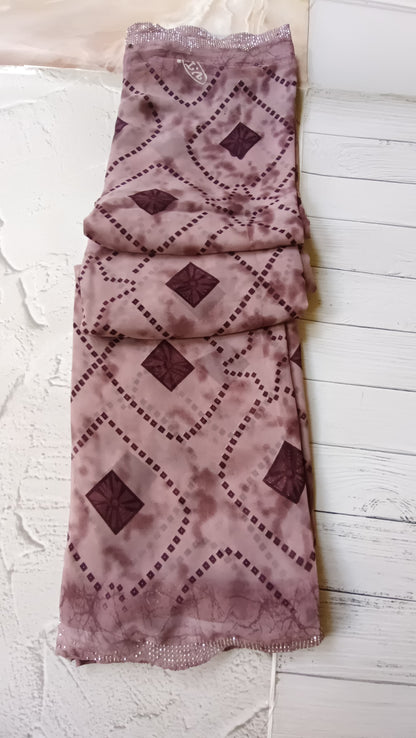 Elegant Women's Chiffon Saree with Swarovski Diamond Work & Cutwork Border